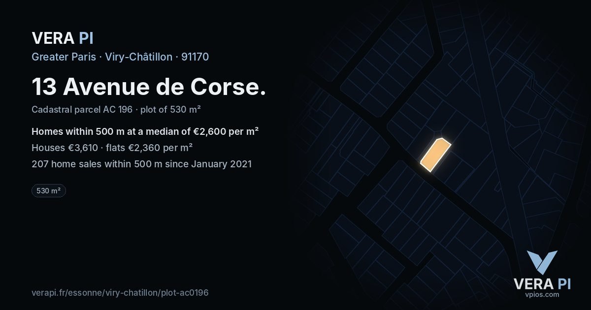 13 Avenue de Corse, Viry-Châtillon at night – the plot lit, the parcels around coloured by the prices near them