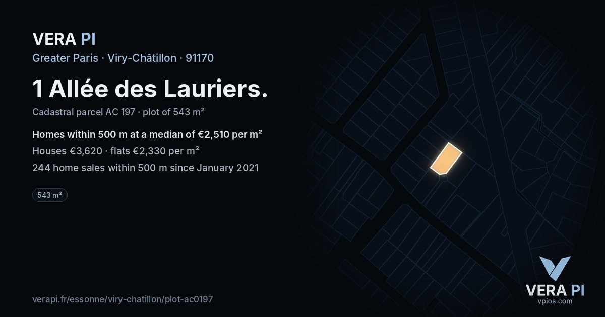 1 Allée des Lauriers, Viry-Châtillon at night – the plot lit, the parcels around coloured by the prices near them