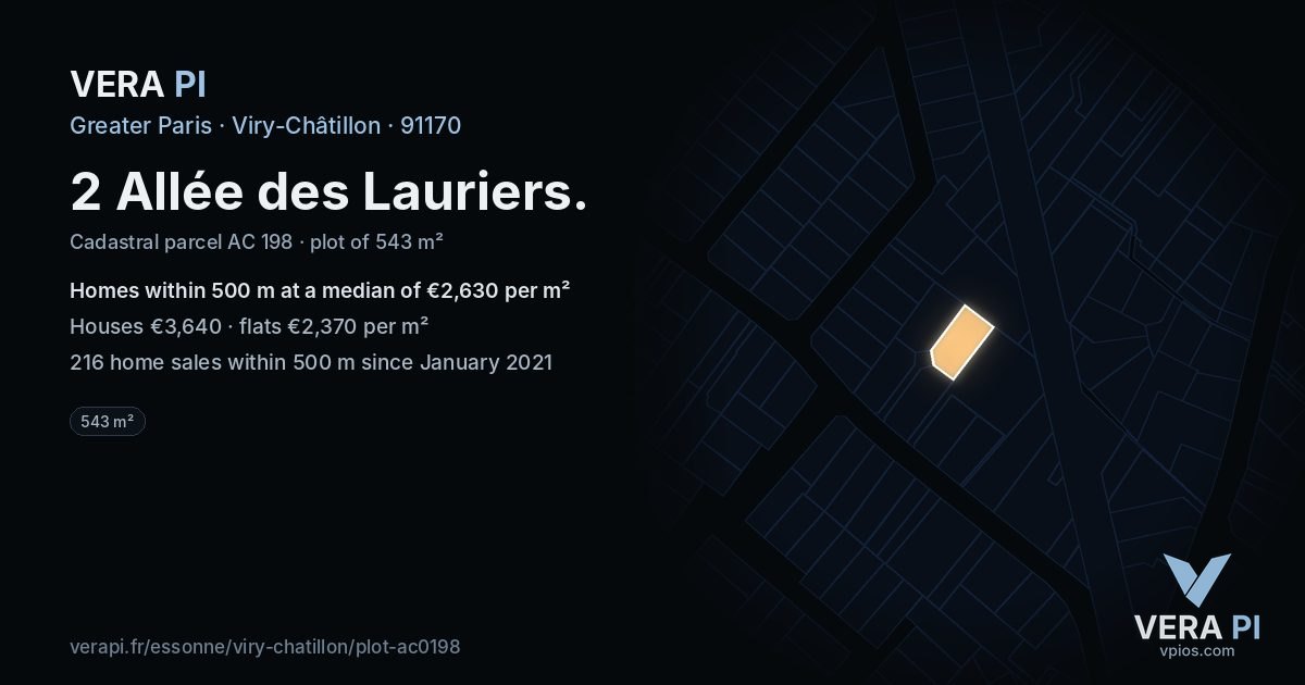 2 Allée des Lauriers, Viry-Châtillon at night – the plot lit, the parcels around coloured by the prices near them