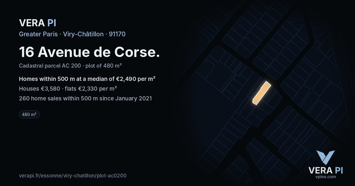 16 Avenue de Corse, Viry-Châtillon at night – the plot lit, the parcels around coloured by the prices near them