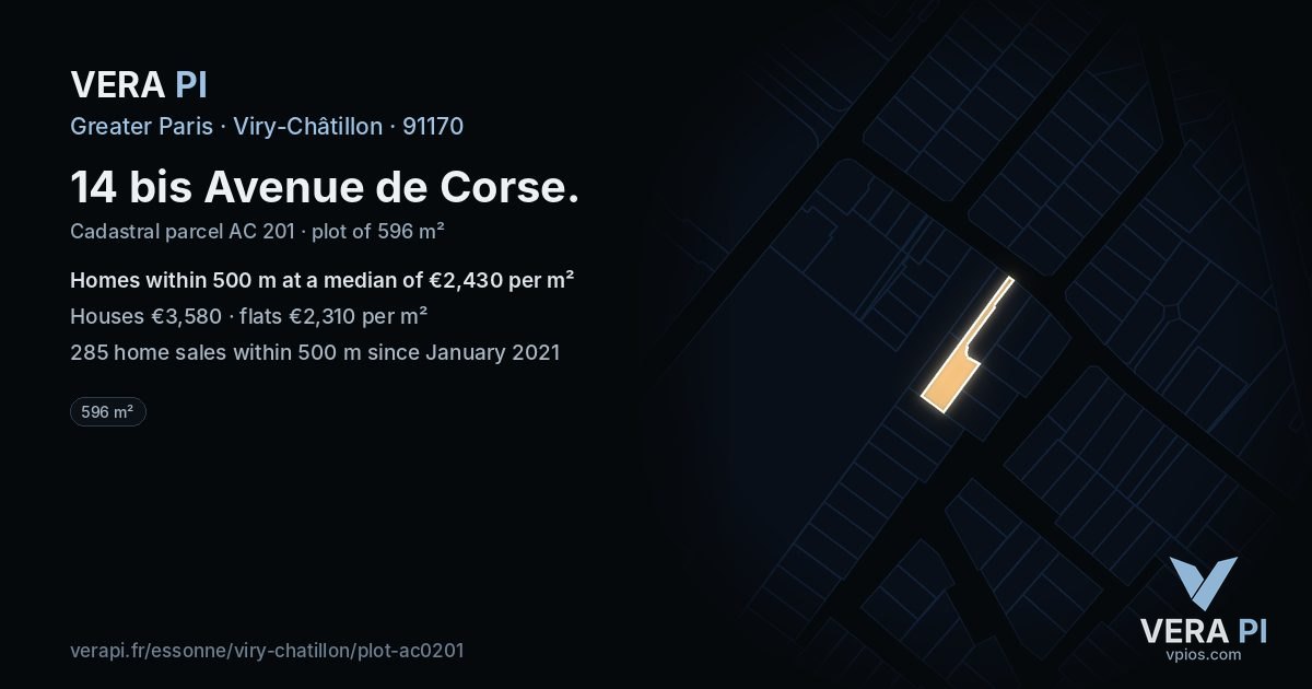 14 bis Avenue de Corse, Viry-Châtillon at night – the plot lit, the parcels around coloured by the prices near them