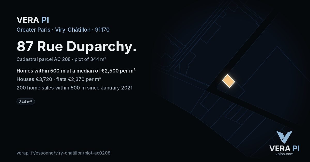 87 Rue Duparchy, Viry-Châtillon at night – the plot lit, the parcels around coloured by the prices near them