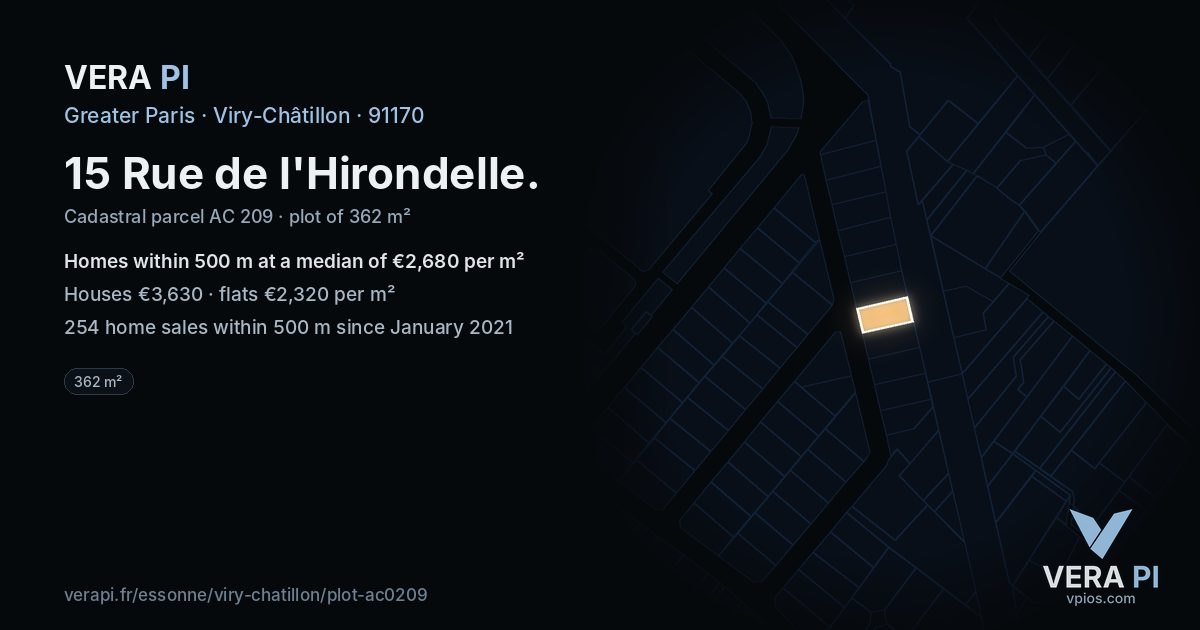 15 Rue de l'Hirondelle, Viry-Châtillon at night – the plot lit, the parcels around coloured by the prices near them