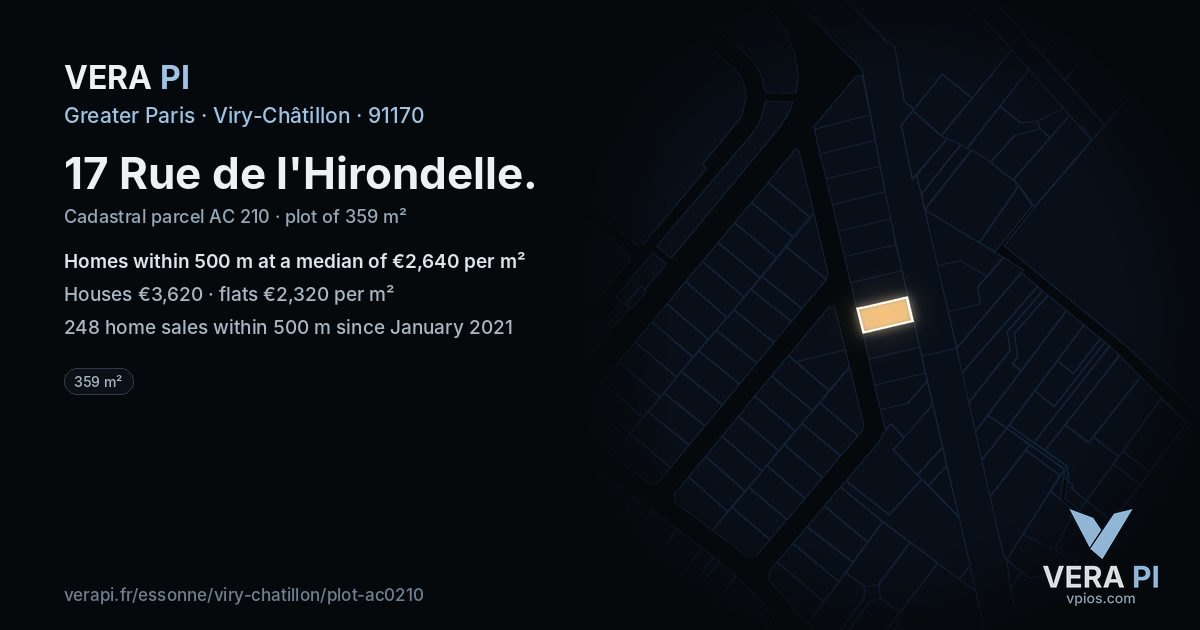 17 Rue de l'Hirondelle, Viry-Châtillon at night – the plot lit, the parcels around coloured by the prices near them