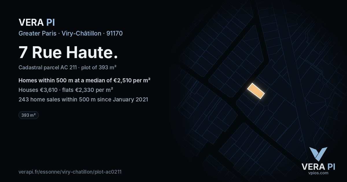7 Rue Haute, Viry-Châtillon at night – the plot lit, the parcels around coloured by the prices near them
