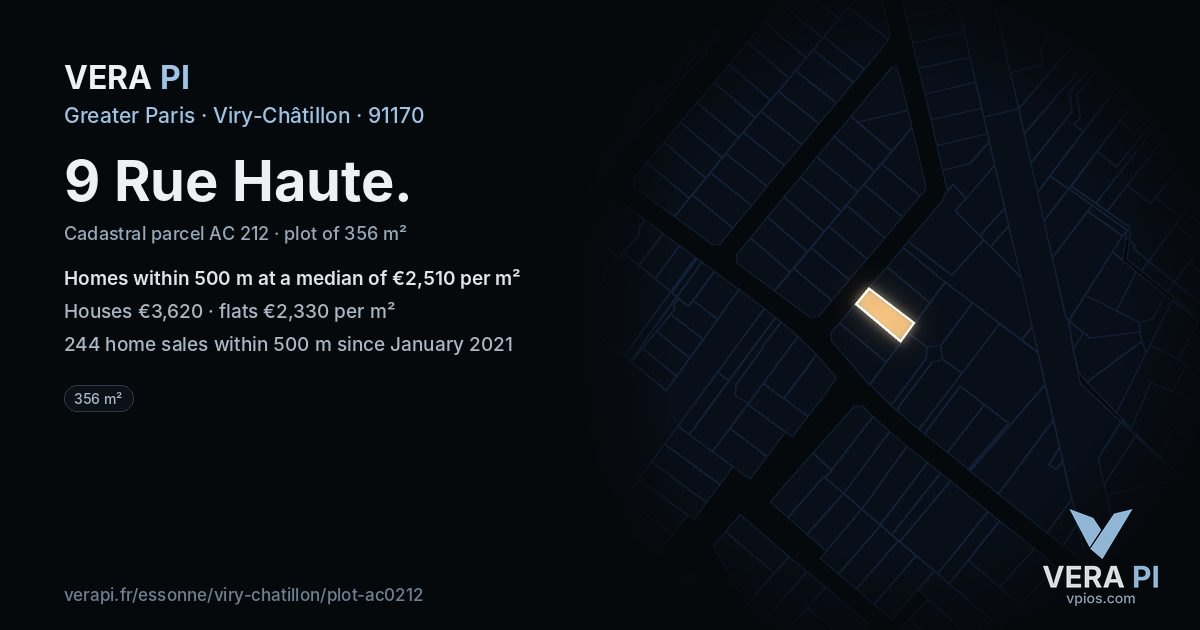 9 Rue Haute, Viry-Châtillon at night – the plot lit, the parcels around coloured by the prices near them