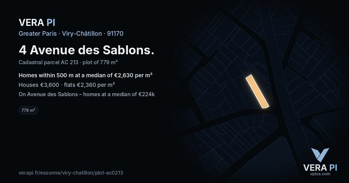 4 Avenue des Sablons, Viry-Châtillon at night – the plot lit, the parcels around coloured by the prices near them