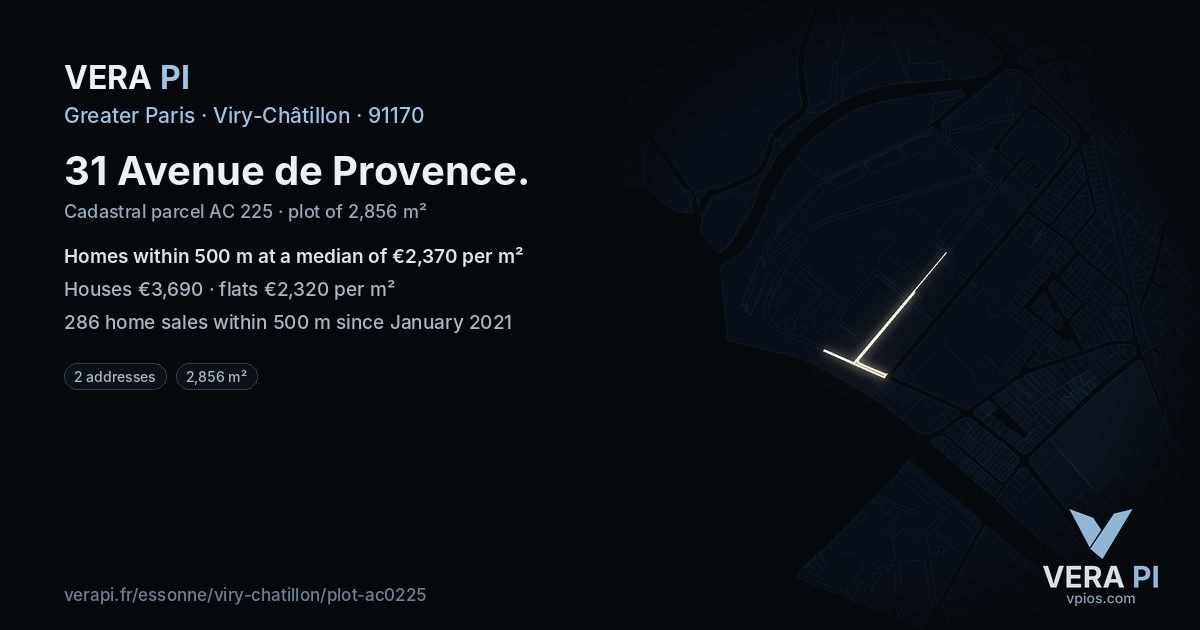 31 Avenue de Provence, Viry-Châtillon at night – the plot lit, the parcels around coloured by the prices near them