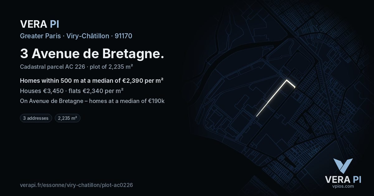 3 Avenue de Bretagne, Viry-Châtillon at night – the plot lit, the parcels around coloured by the prices near them