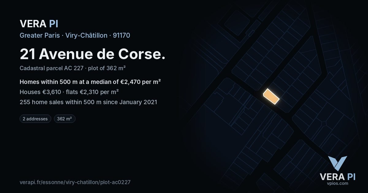 21 Avenue de Corse, Viry-Châtillon at night – the plot lit, the parcels around coloured by the prices near them