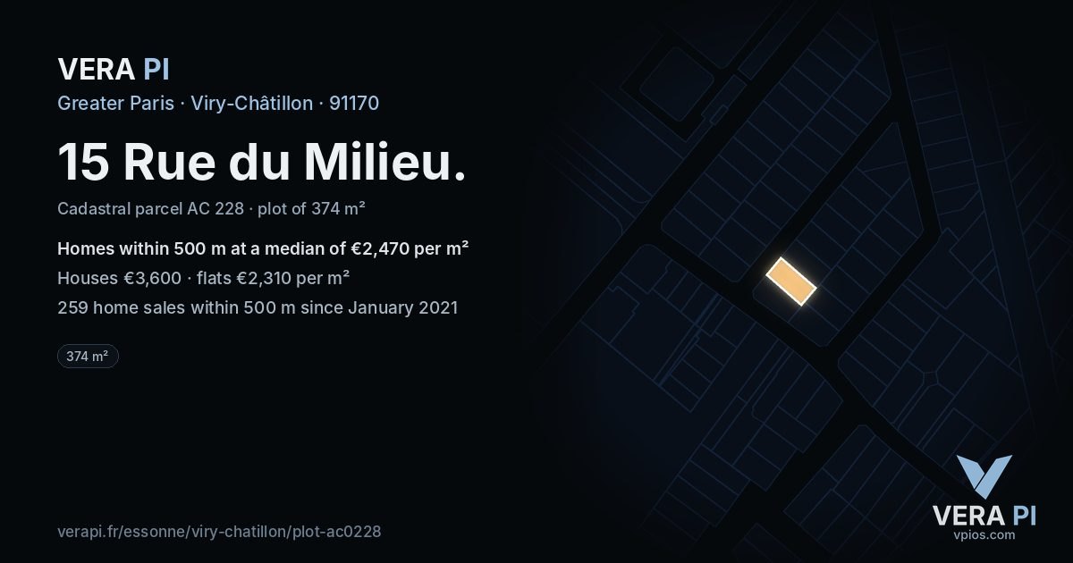 15 Rue du Milieu, Viry-Châtillon at night – the plot lit, the parcels around coloured by the prices near them