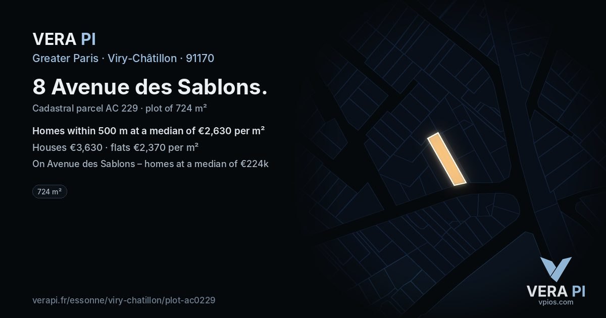 8 Avenue des Sablons, Viry-Châtillon at night – the plot lit, the parcels around coloured by the prices near them