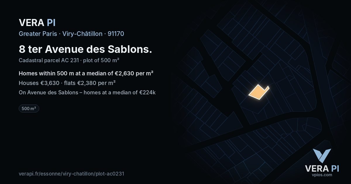 8 ter Avenue des Sablons, Viry-Châtillon at night – the plot lit, the parcels around coloured by the prices near them
