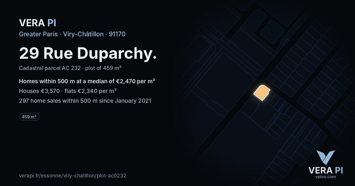 29 Rue Duparchy, Viry-Châtillon at night – the plot lit, the parcels around coloured by the prices near them