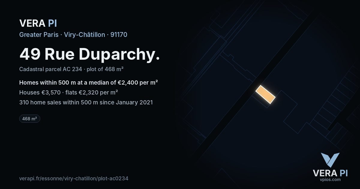 49 Rue Duparchy, Viry-Châtillon at night – the plot lit, the parcels around coloured by the prices near them