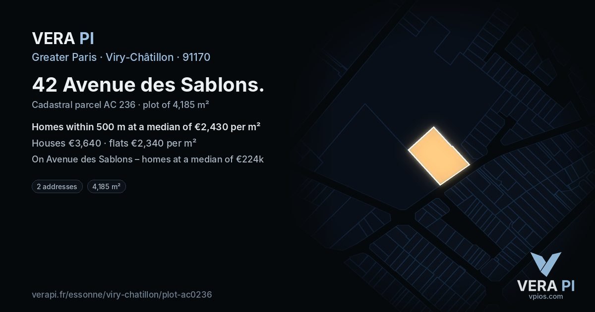 42 Avenue des Sablons, Viry-Châtillon at night – the plot lit, the parcels around coloured by the prices near them
