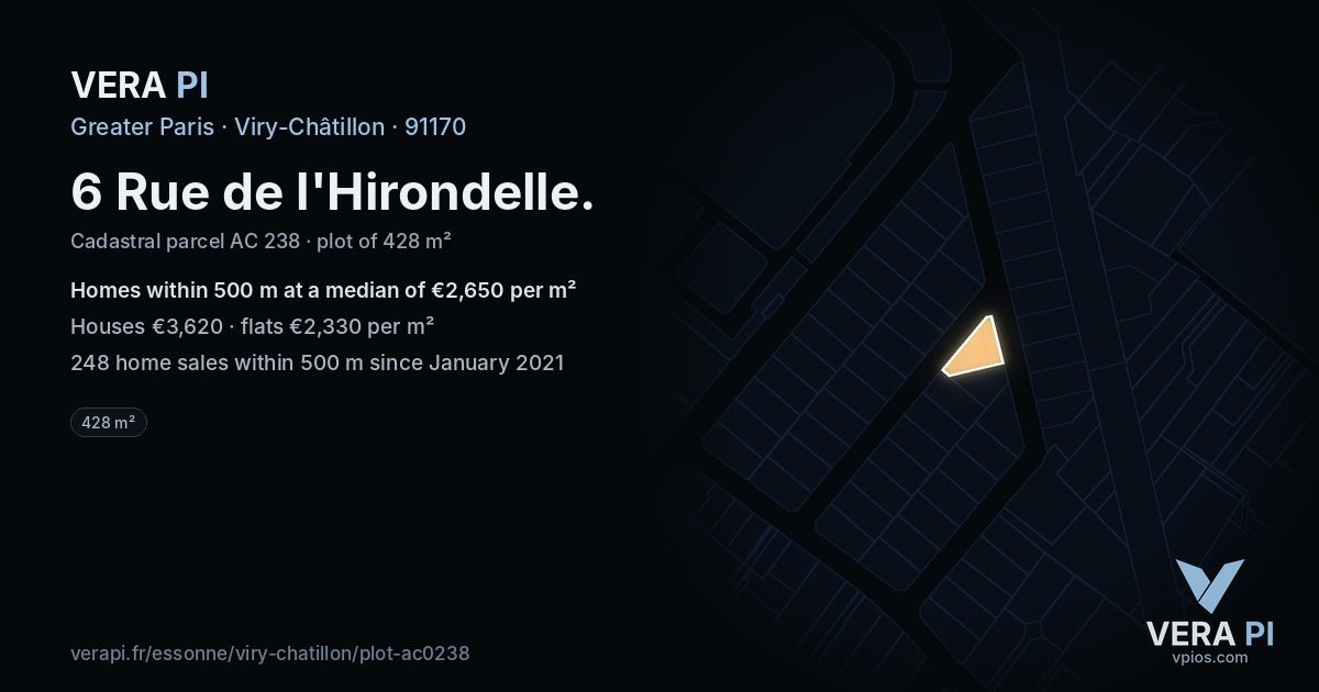 6 Rue de l'Hirondelle, Viry-Châtillon at night – the plot lit, the parcels around coloured by the prices near them