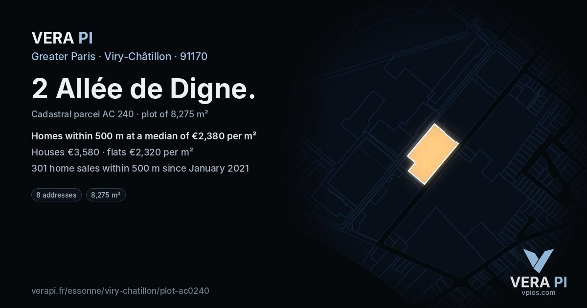 2 Allée de Digne, Viry-Châtillon at night – the plot lit, the parcels around coloured by the prices near them