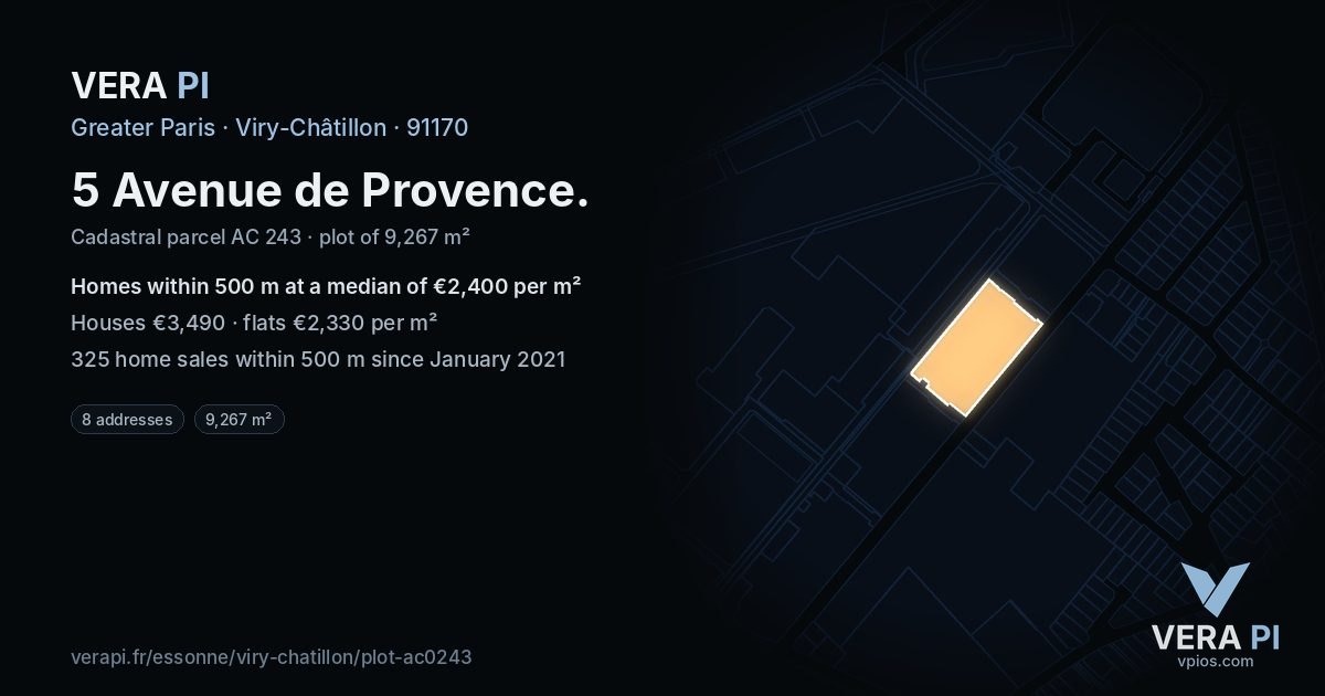 5 Avenue de Provence, Viry-Châtillon at night – the plot lit, the parcels around coloured by the prices near them