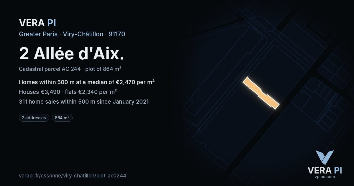 2 Allée d'Aix, Viry-Châtillon at night – the plot lit, the parcels around coloured by the prices near them