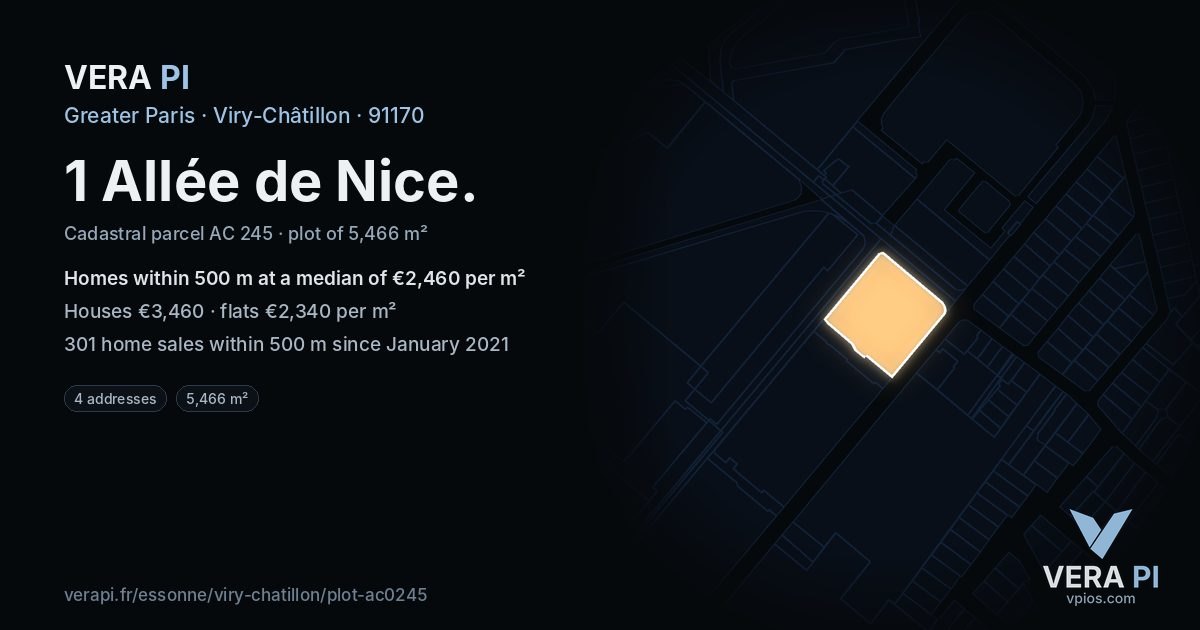 1 Allée de Nice, Viry-Châtillon at night – the plot lit, the parcels around coloured by the prices near them