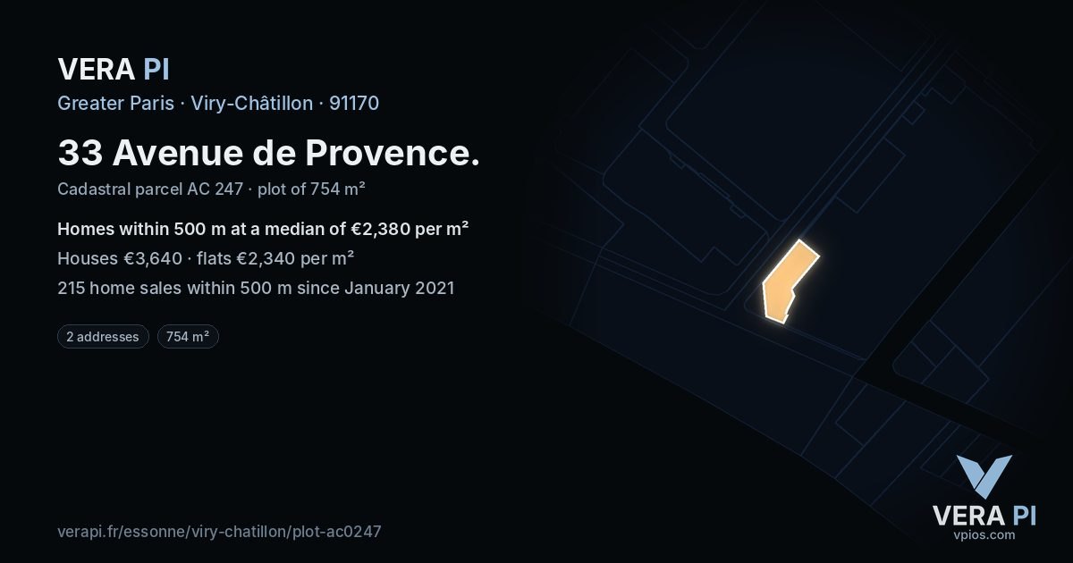 33 Avenue de Provence, Viry-Châtillon at night – the plot lit, the parcels around coloured by the prices near them