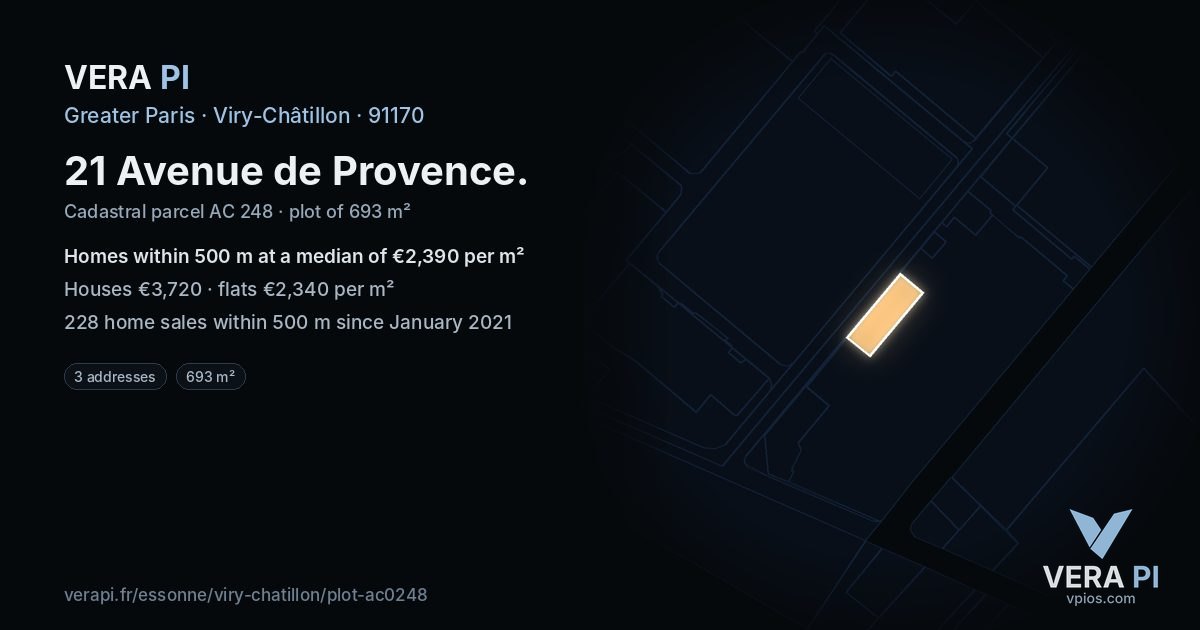 21 Avenue de Provence, Viry-Châtillon at night – the plot lit, the parcels around coloured by the prices near them