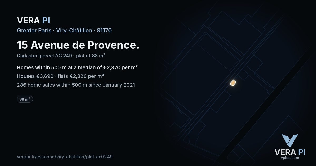 15 Avenue de Provence, Viry-Châtillon at night – the plot lit, the parcels around coloured by the prices near them