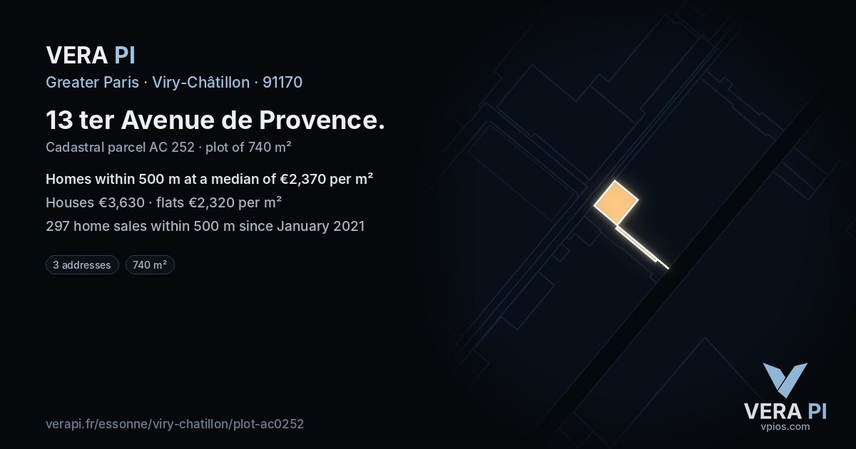 13 ter Avenue de Provence, Viry-Châtillon at night – the plot lit, the parcels around coloured by the prices near them