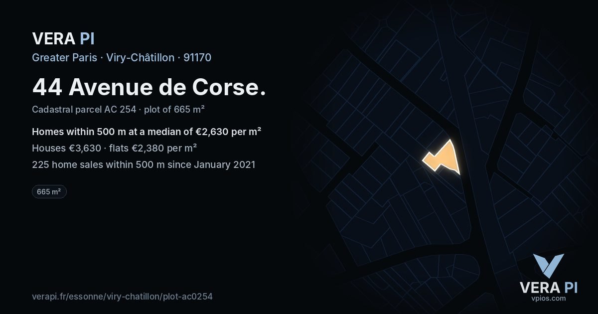 44 Avenue de Corse, Viry-Châtillon at night – the plot lit, the parcels around coloured by the prices near them