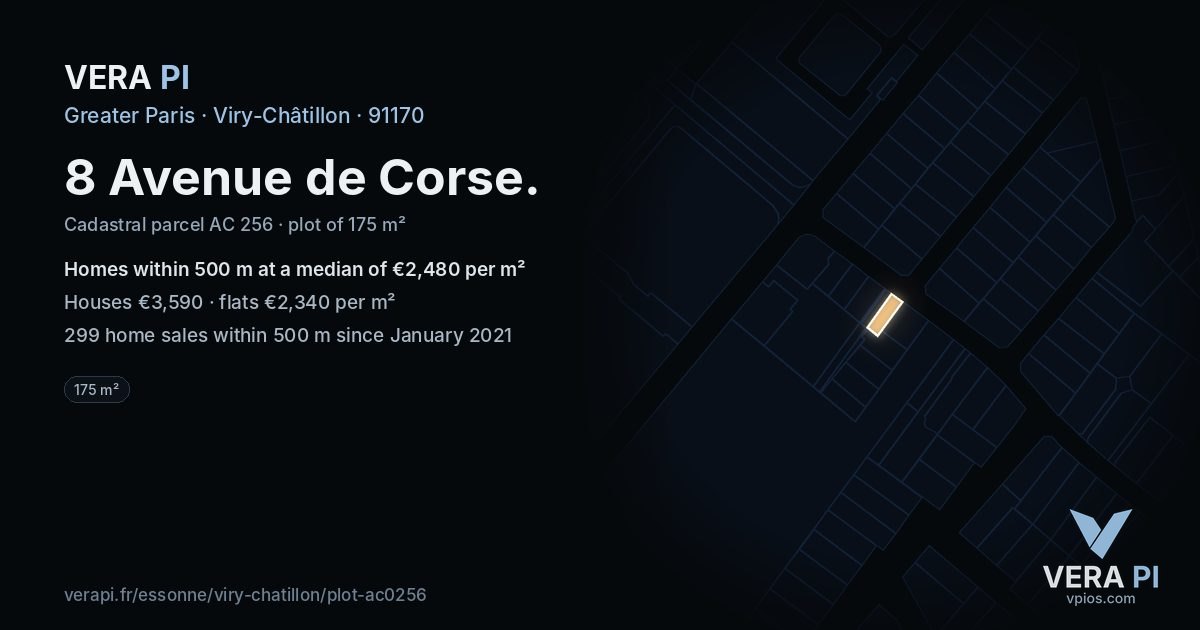 8 Avenue de Corse, Viry-Châtillon at night – the plot lit, the parcels around coloured by the prices near them
