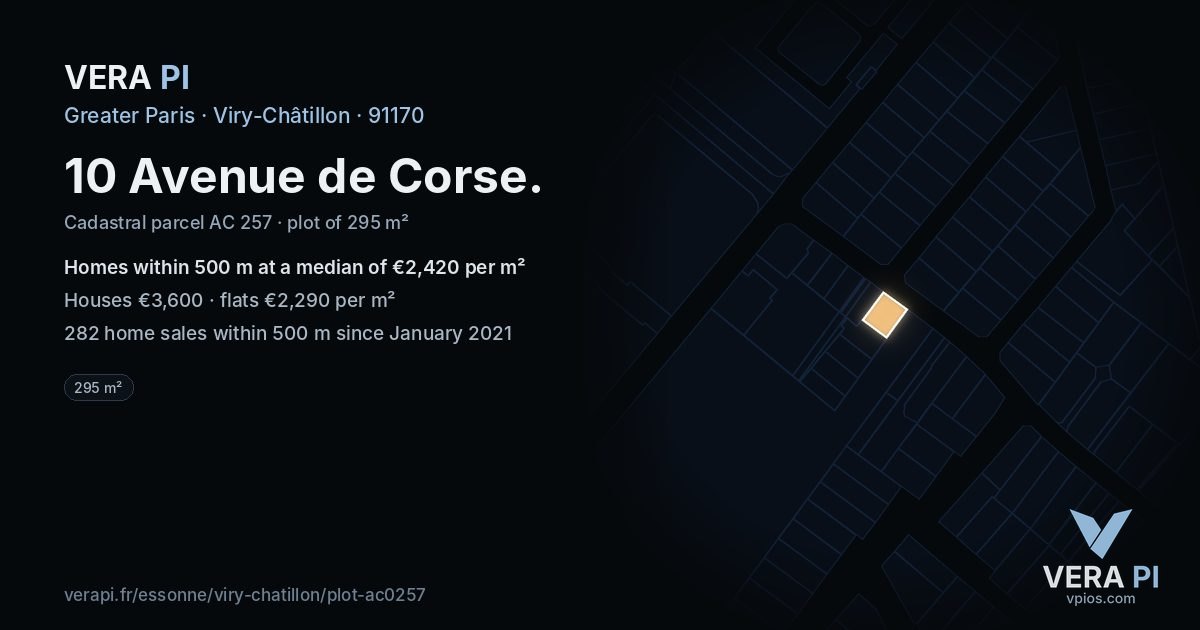 10 Avenue de Corse, Viry-Châtillon at night – the plot lit, the parcels around coloured by the prices near them