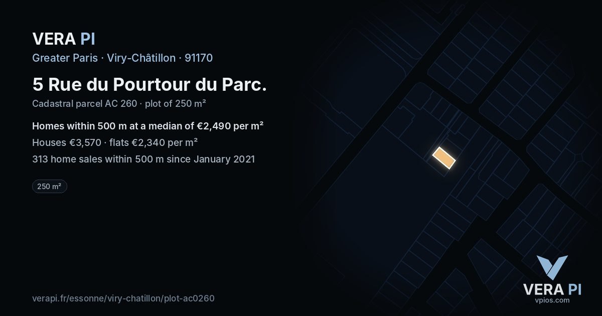 5 Rue du Pourtour du Parc, Viry-Châtillon at night – the plot lit, the parcels around coloured by the prices near them
