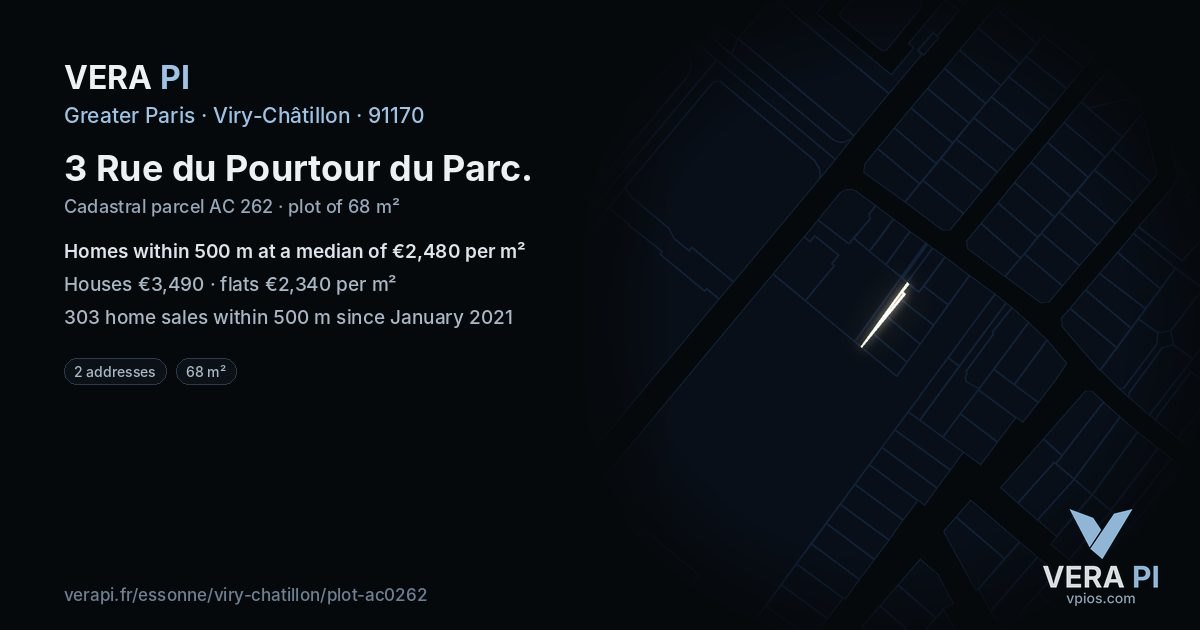 3 Rue du Pourtour du Parc, Viry-Châtillon at night – the plot lit, the parcels around coloured by the prices near them