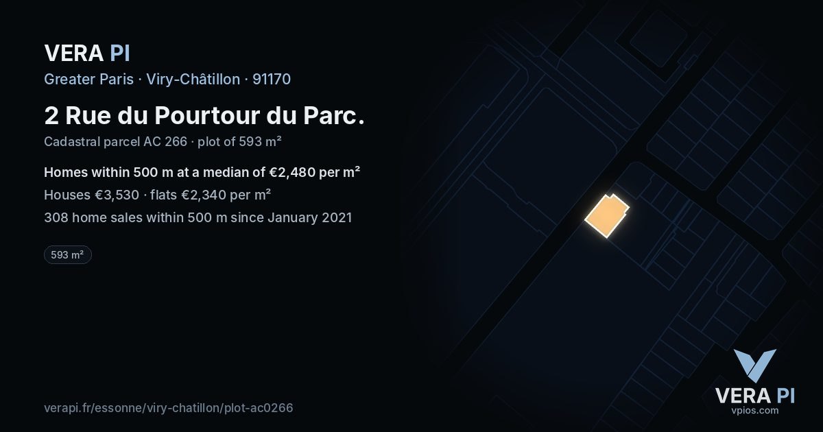 2 Rue du Pourtour du Parc, Viry-Châtillon at night – the plot lit, the parcels around coloured by the prices near them