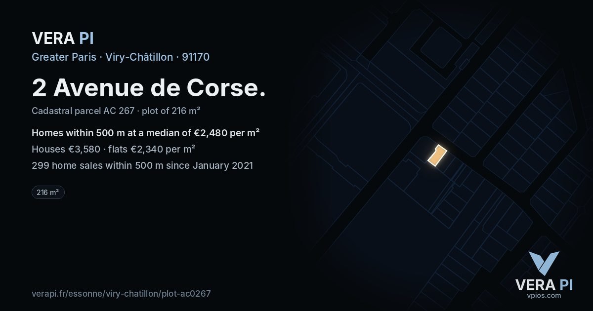 2 Avenue de Corse, Viry-Châtillon at night – the plot lit, the parcels around coloured by the prices near them
