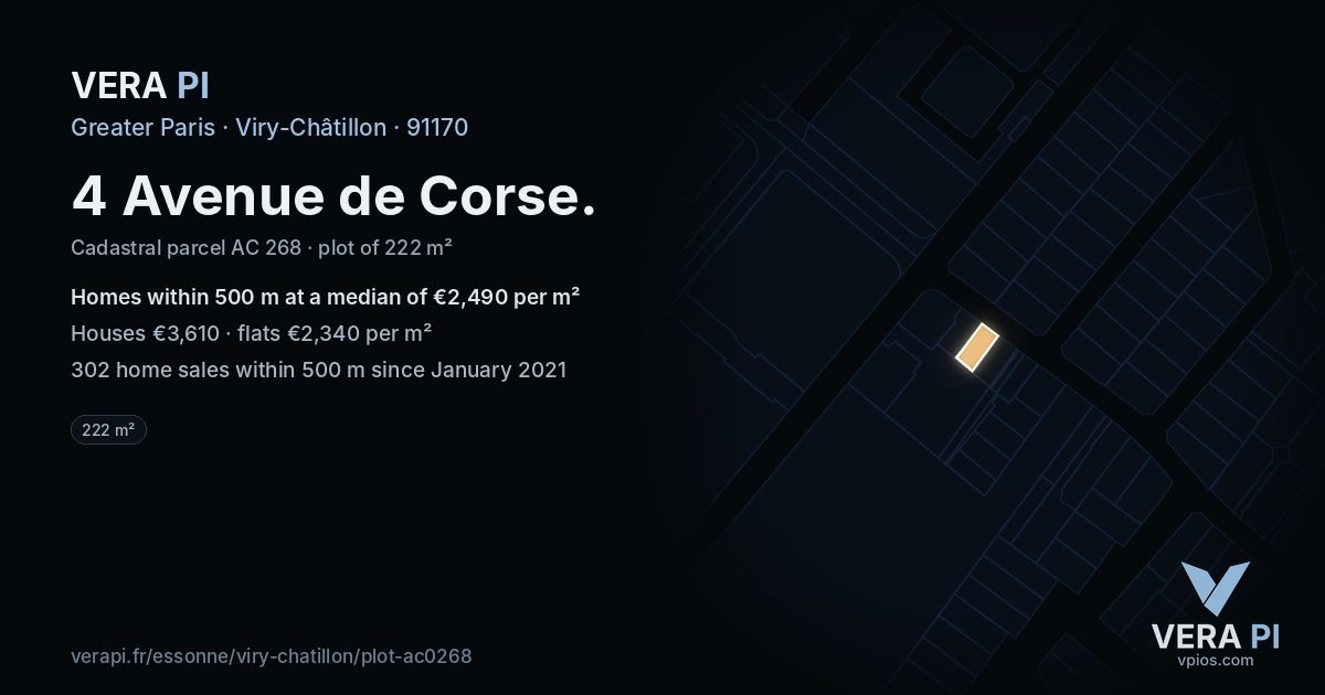 4 Avenue de Corse, Viry-Châtillon at night – the plot lit, the parcels around coloured by the prices near them
