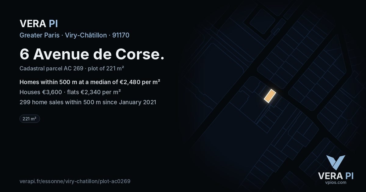 6 Avenue de Corse, Viry-Châtillon at night – the plot lit, the parcels around coloured by the prices near them