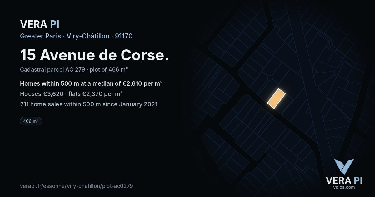 15 Avenue de Corse, Viry-Châtillon at night – the plot lit, the parcels around coloured by the prices near them