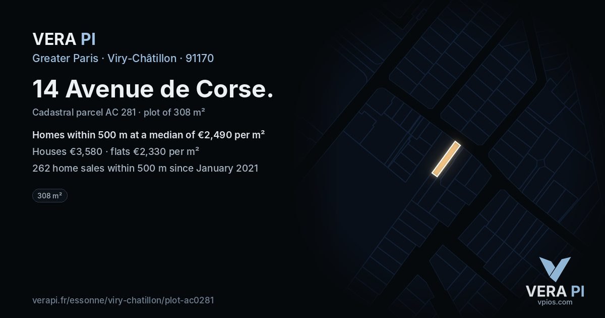 14 Avenue de Corse, Viry-Châtillon at night – the plot lit, the parcels around coloured by the prices near them