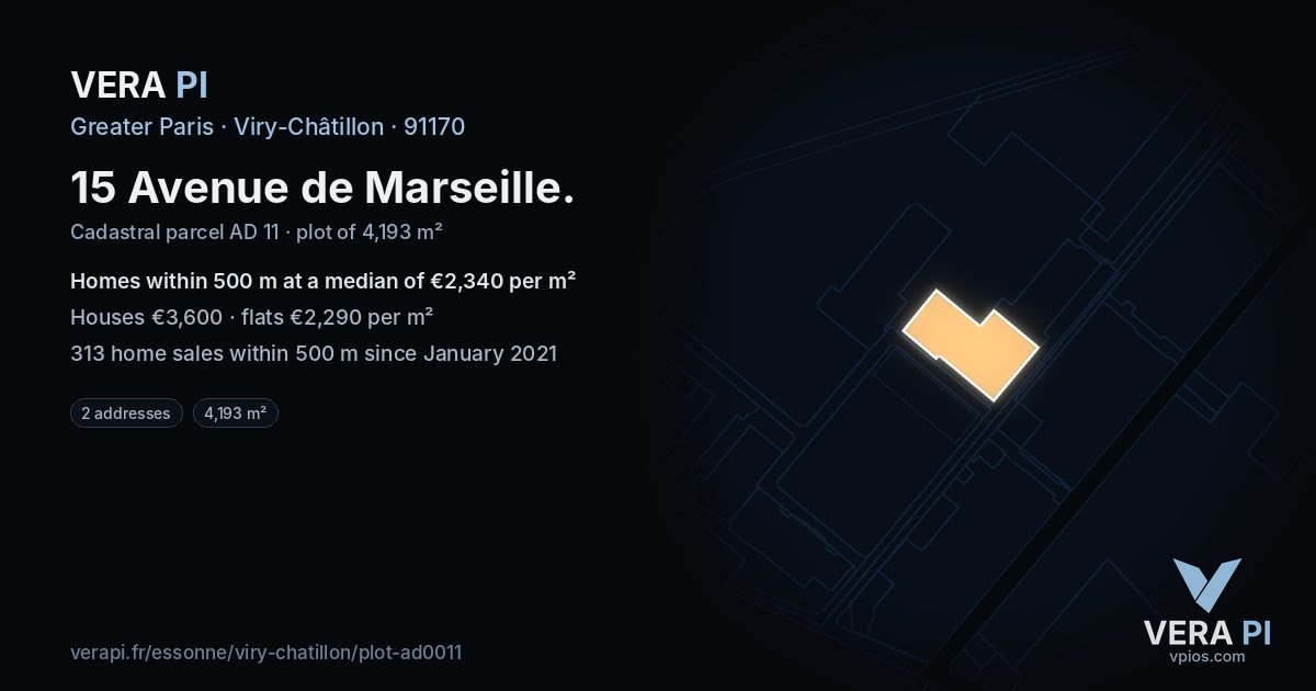 15 Avenue de Marseille, Viry-Châtillon at night – the plot lit, the parcels around coloured by the prices near them