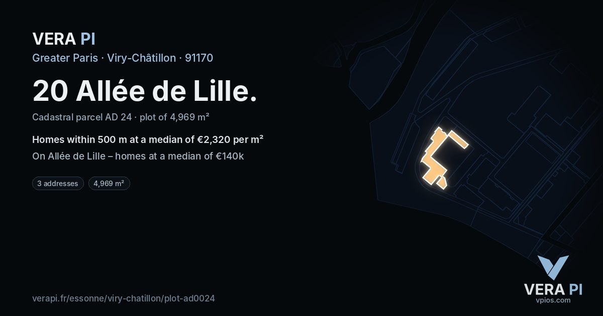 20 Allée de Lille, Viry-Châtillon at night – the plot lit, the parcels around coloured by the prices near them