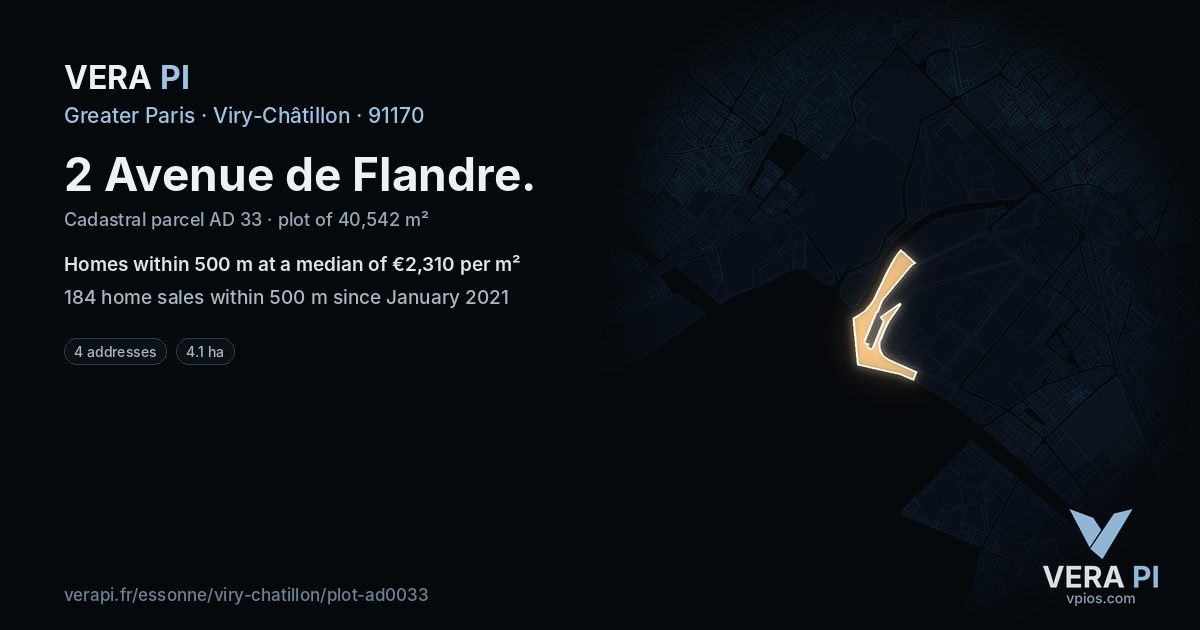 2 Avenue de Flandre, Viry-Châtillon at night – the plot lit, the parcels around coloured by the prices near them