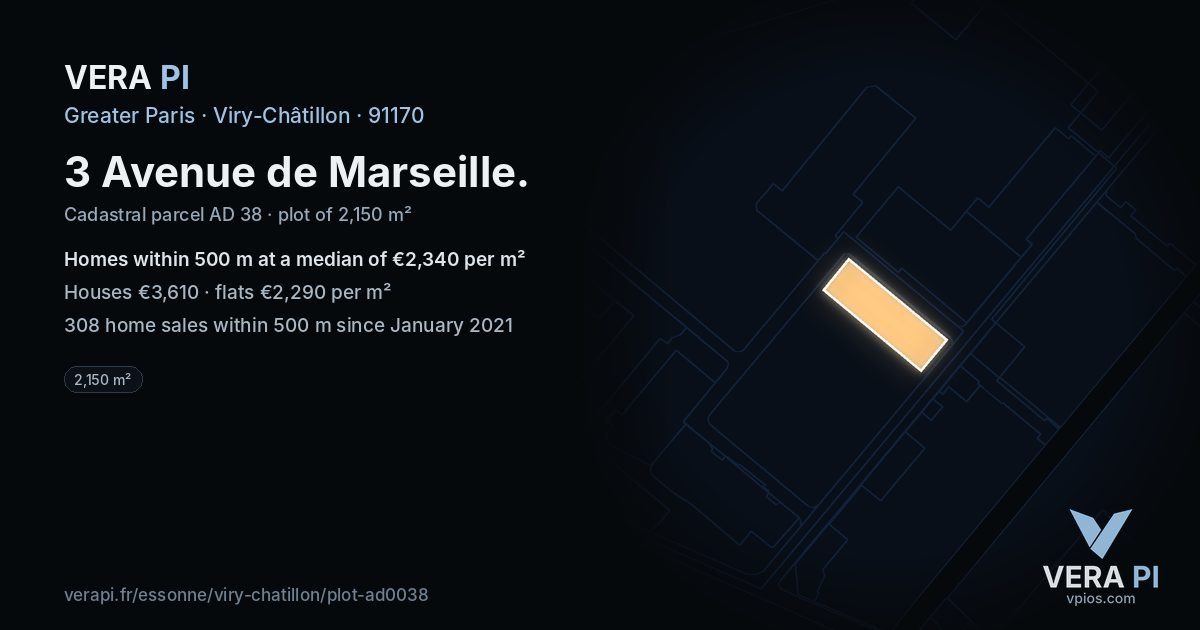 3 Avenue de Marseille, Viry-Châtillon at night – the plot lit, the parcels around coloured by the prices near them