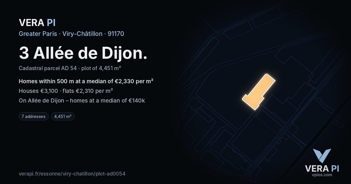 3 Allée de Dijon, Viry-Châtillon at night – the plot lit, the parcels around coloured by the prices near them
