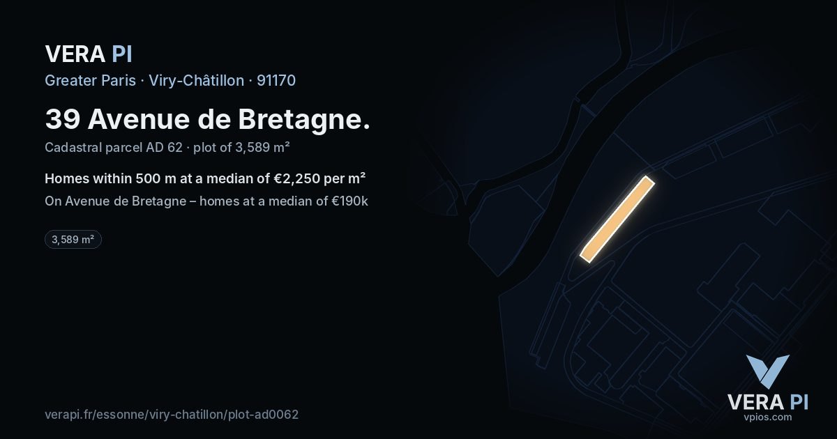 39 Avenue de Bretagne, Viry-Châtillon at night – the plot lit, the parcels around coloured by the prices near them