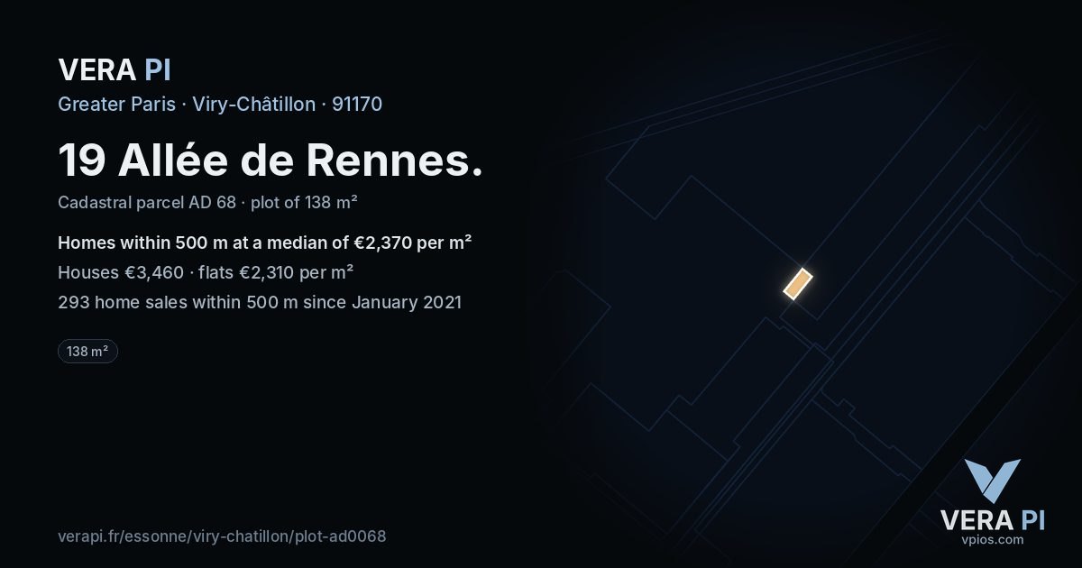 19 Allée de Rennes, Viry-Châtillon at night – the plot lit, the parcels around coloured by the prices near them