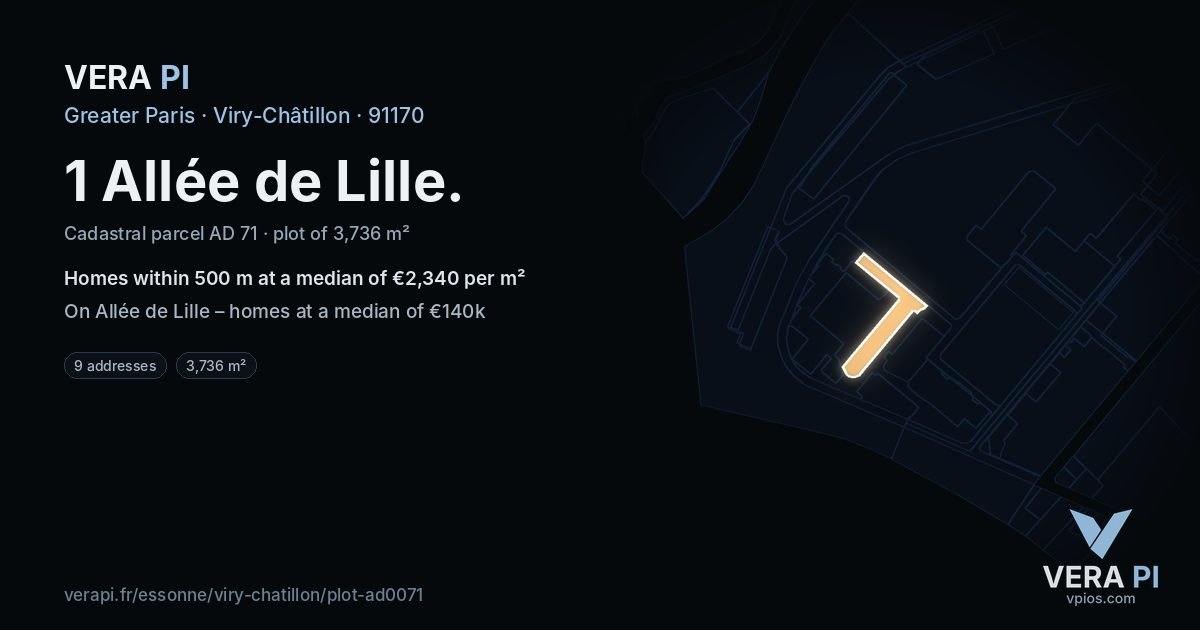 1 Allée de Lille, Viry-Châtillon at night – the plot lit, the parcels around coloured by the prices near them