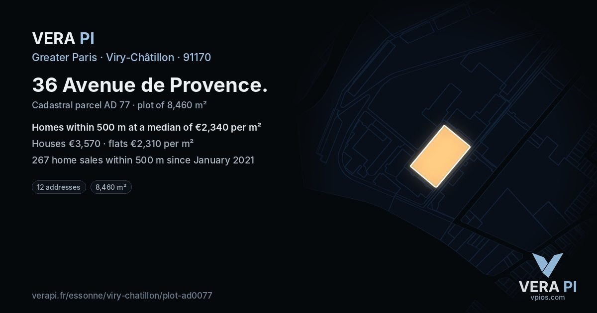 36 Avenue de Provence, Viry-Châtillon at night – the plot lit, the parcels around coloured by the prices near them