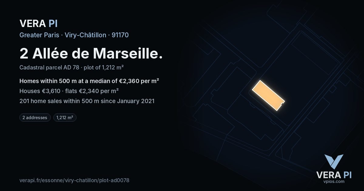 2 Allée de Marseille, Viry-Châtillon at night – the plot lit, the parcels around coloured by the prices near them